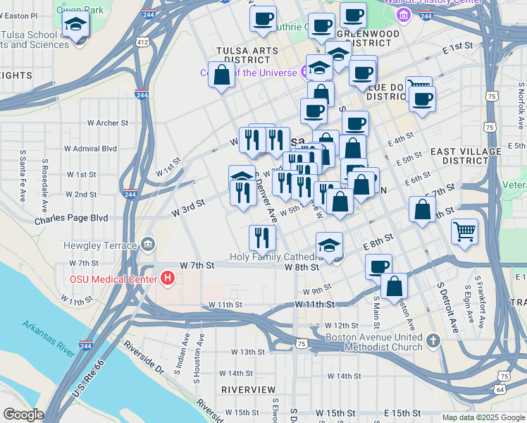 map of restaurants, bars, coffee shops, grocery stores, and more near 400 Civic Center in Tulsa