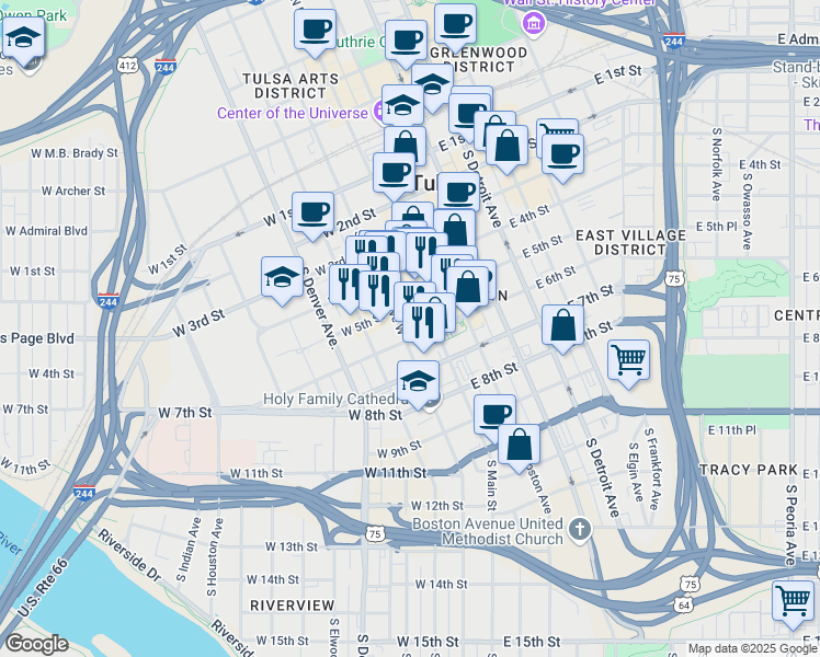 map of restaurants, bars, coffee shops, grocery stores, and more near 101 West 6th Street in Tulsa