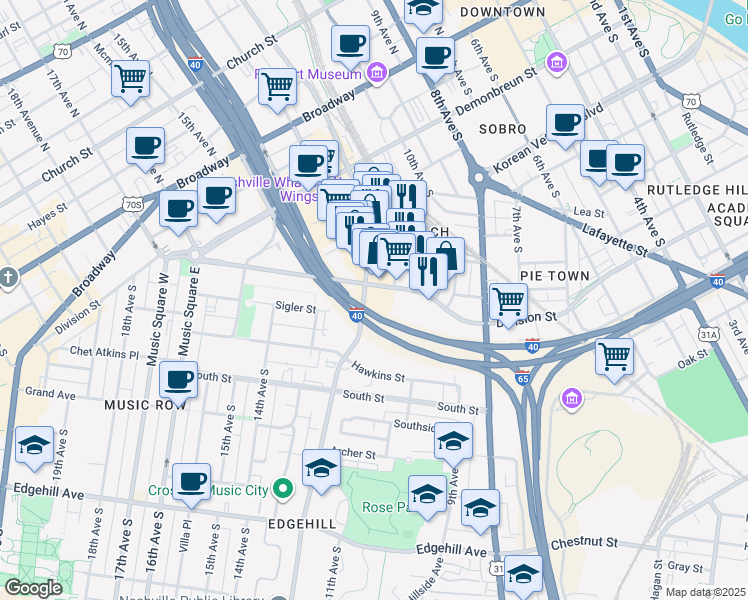 map of restaurants, bars, coffee shops, grocery stores, and more near 700 12th Avenue South in Nashville