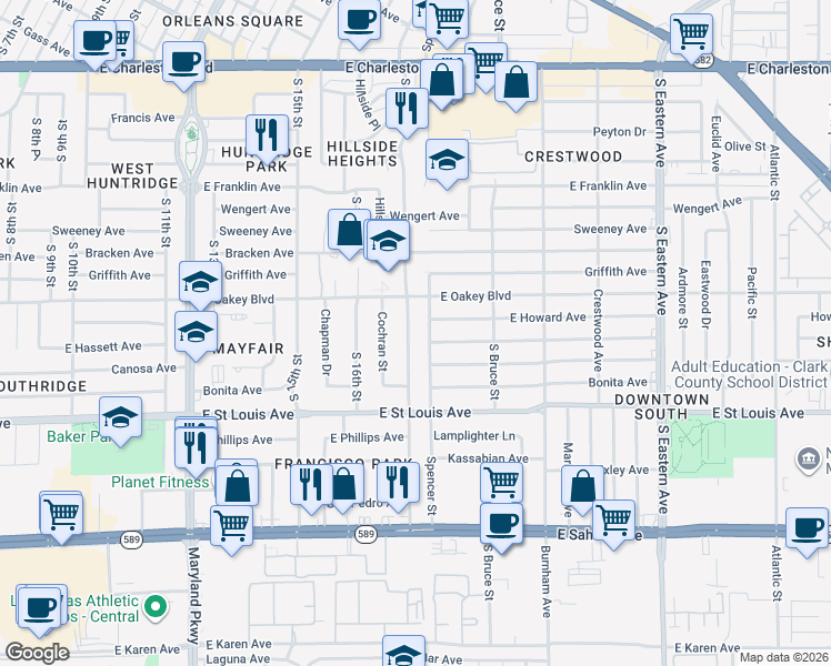 map of restaurants, bars, coffee shops, grocery stores, and more near 1721 South 17th Street in Las Vegas