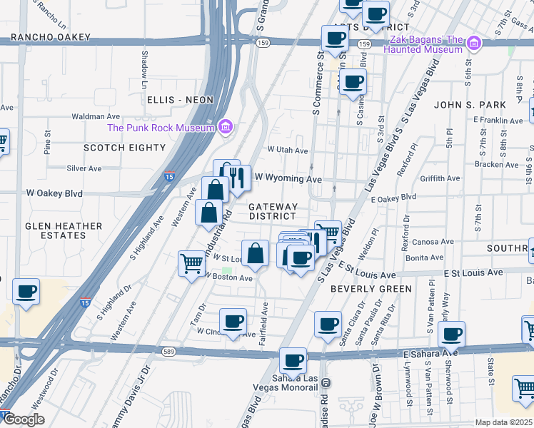 map of restaurants, bars, coffee shops, grocery stores, and more near 1704 Fairfield Avenue in Las Vegas