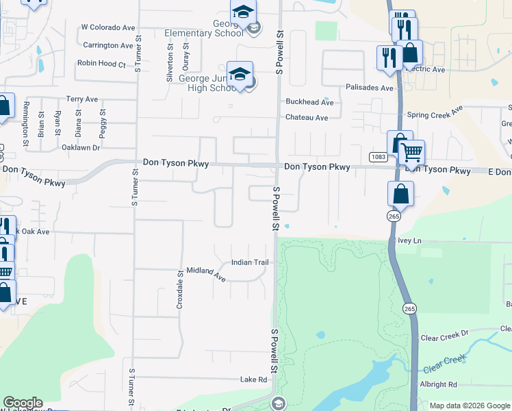 map of restaurants, bars, coffee shops, grocery stores, and more near 521 Branchwood Avenue in Springdale
