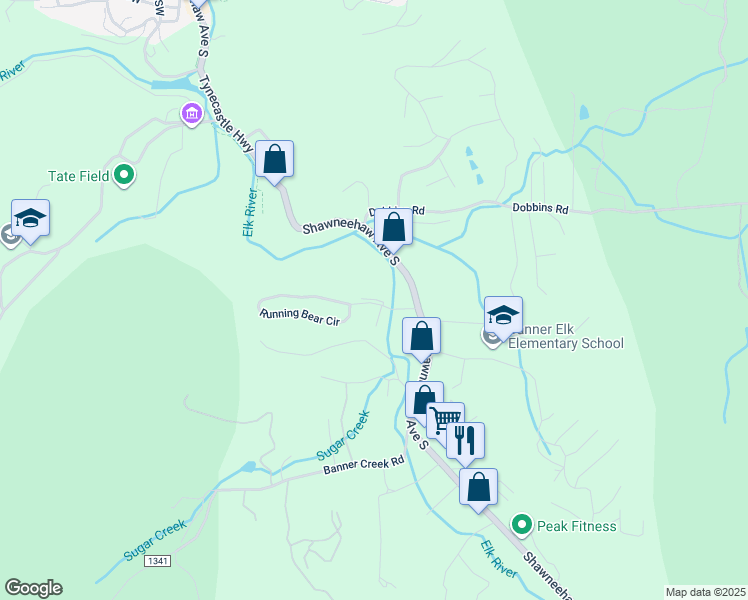 map of restaurants, bars, coffee shops, grocery stores, and more near Mountain Vista Lane in Banner Elk