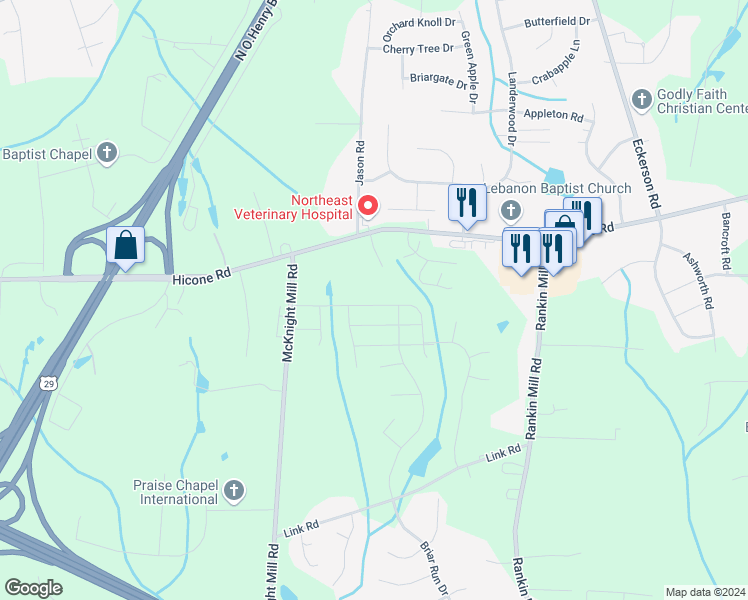 map of restaurants, bars, coffee shops, grocery stores, and more near 4613 Hazelburn Drive in Greensboro