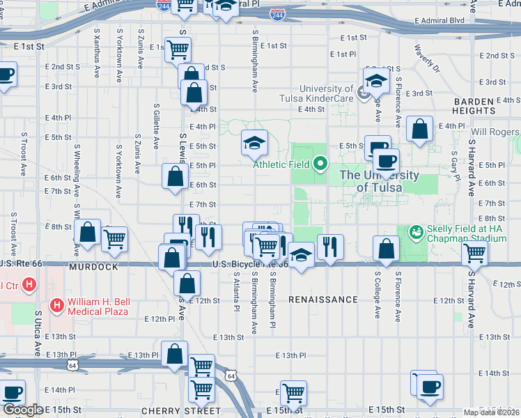 map of restaurants, bars, coffee shops, grocery stores, and more near 2606 East 7th Street in Tulsa