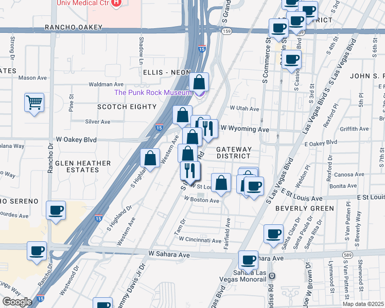 map of restaurants, bars, coffee shops, grocery stores, and more near 1800 South Industrial Road in Las Vegas
