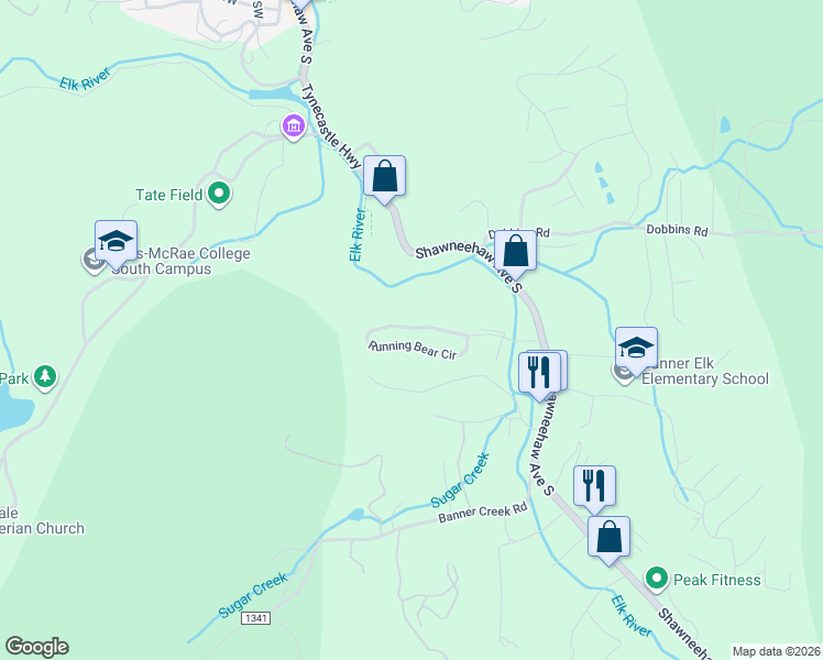 map of restaurants, bars, coffee shops, grocery stores, and more near 568 Running Bear Circle in Banner Elk