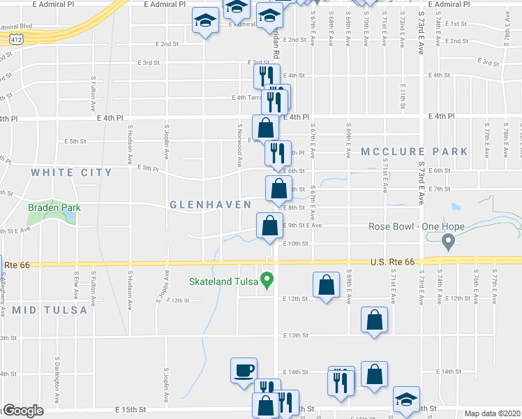 map of restaurants, bars, coffee shops, grocery stores, and more near 6330 East 7th Street in Tulsa