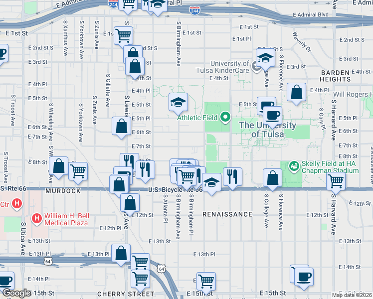 map of restaurants, bars, coffee shops, grocery stores, and more near 2616 East 7th Street in Tulsa