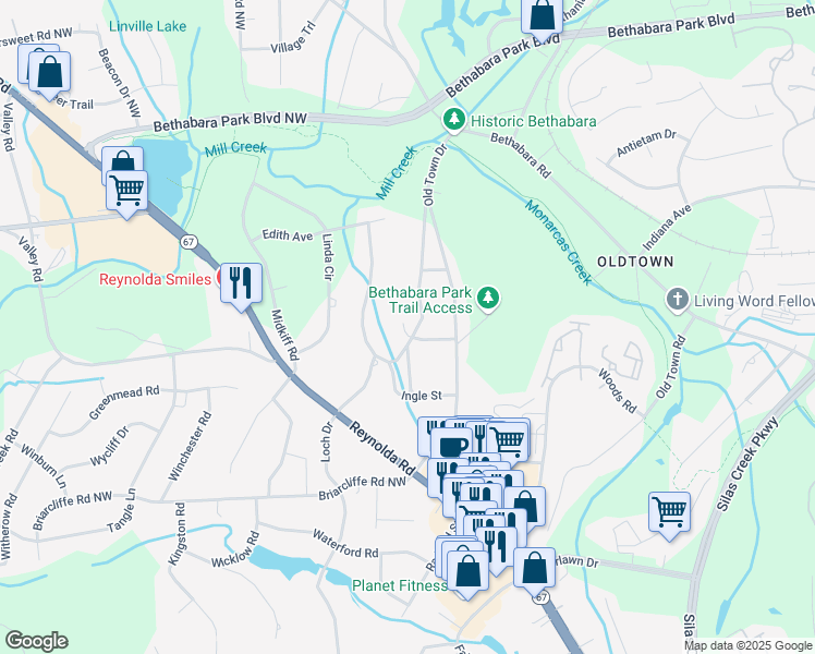 map of restaurants, bars, coffee shops, grocery stores, and more near 4500 Bonbrook Drive in Winston-Salem