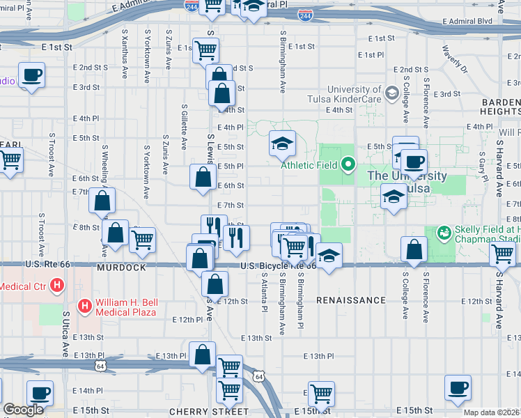 map of restaurants, bars, coffee shops, grocery stores, and more near 2520 East 7th Street in Tulsa
