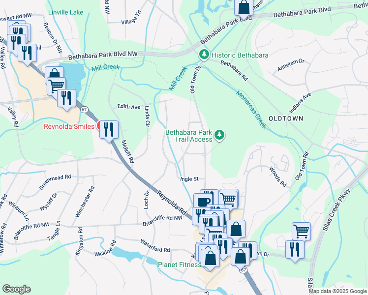 map of restaurants, bars, coffee shops, grocery stores, and more near 4500 Bonbrook Drive in Winston-Salem