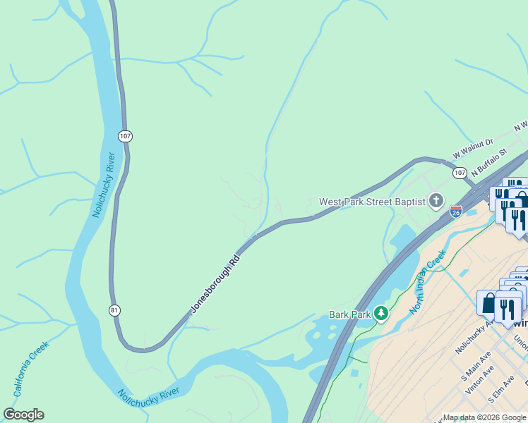 map of restaurants, bars, coffee shops, grocery stores, and more near 1625 Jonesborough Road in Erwin