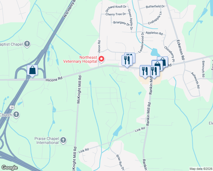 map of restaurants, bars, coffee shops, grocery stores, and more near 4622 McKnight Mill Road in Greensboro