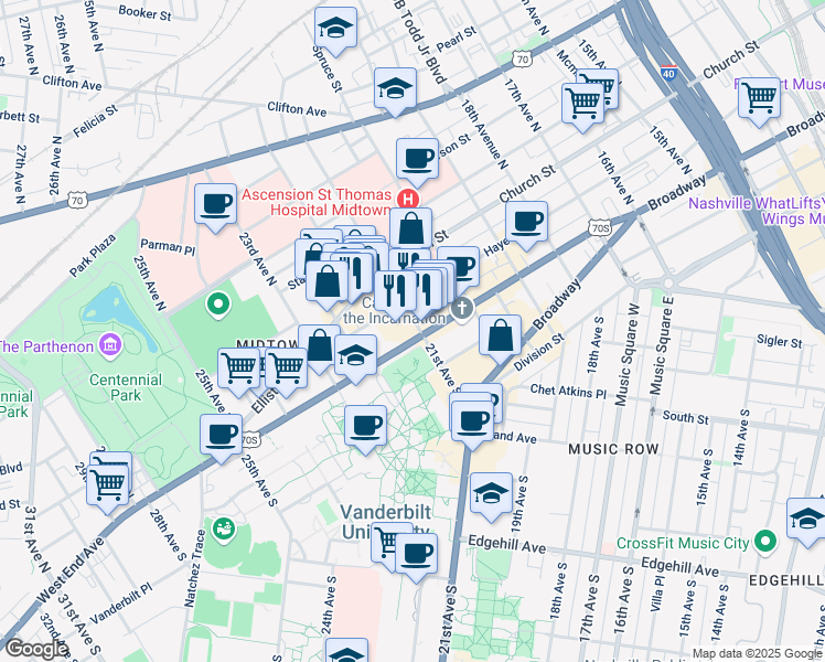 map of restaurants, bars, coffee shops, grocery stores, and more near 2100 West End Avenue in Nashville