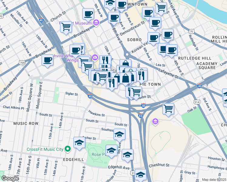 map of restaurants, bars, coffee shops, grocery stores, and more near 900-1098,901-1099 Sigler Street in Nashville