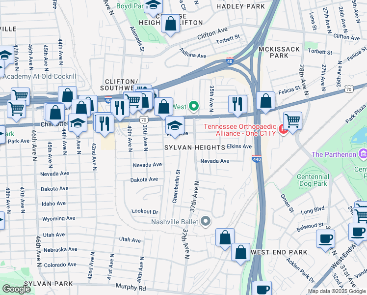 map of restaurants, bars, coffee shops, grocery stores, and more near 350 Chamberlin Street in Nashville