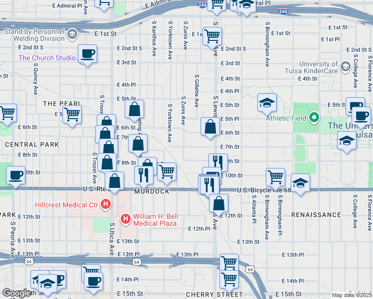 map of restaurants, bars, coffee shops, grocery stores, and more near 722 South Zunis Avenue in Tulsa