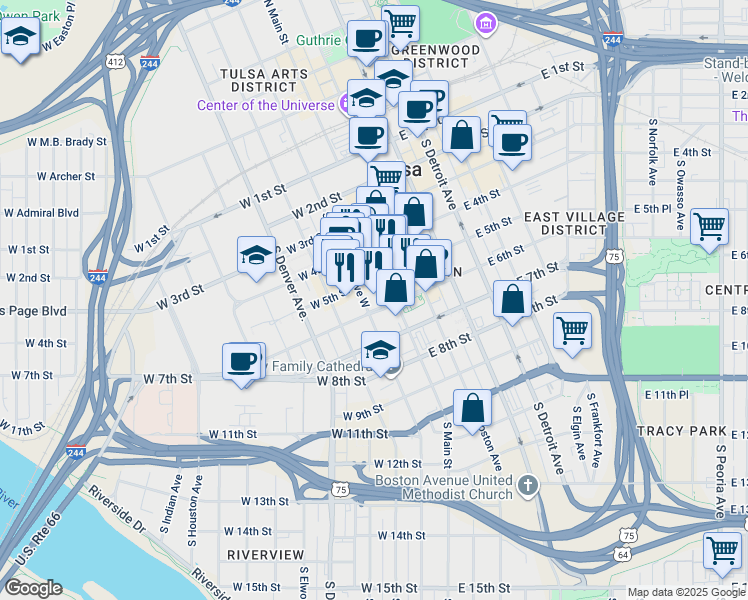 map of restaurants, bars, coffee shops, grocery stores, and more near 101 West 6th Street in Tulsa