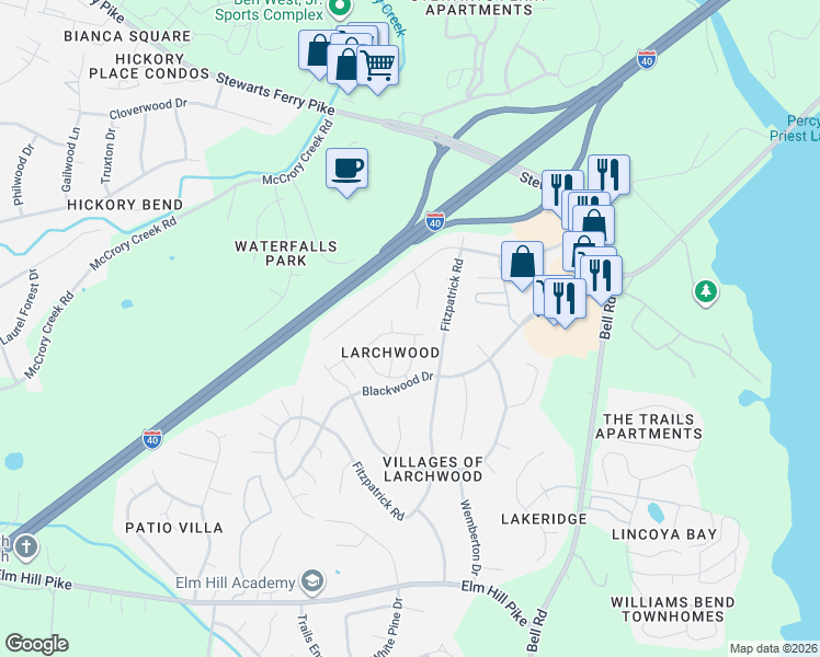 map of restaurants, bars, coffee shops, grocery stores, and more near 320 Lakebrink Drive in Nashville