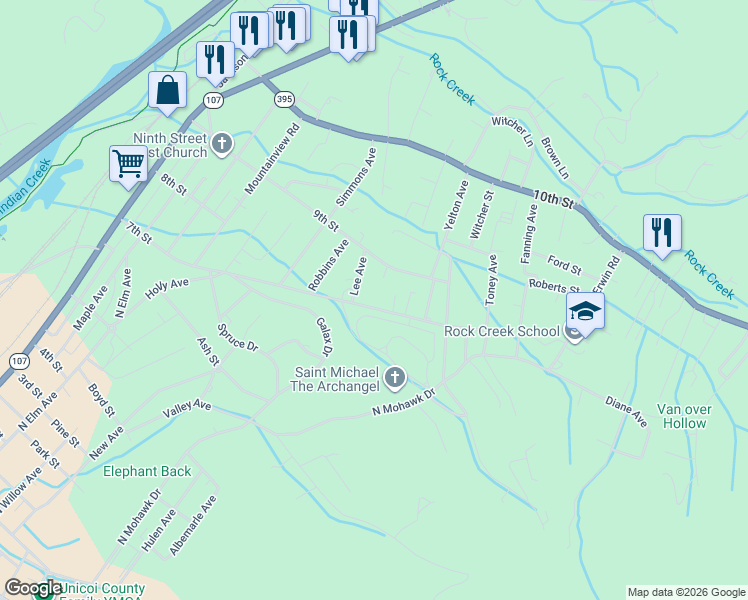 map of restaurants, bars, coffee shops, grocery stores, and more near 1071 7th Street in Erwin