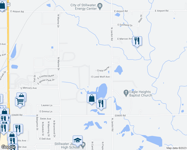 map of restaurants, bars, coffee shops, grocery stores, and more near 1802 East Lone Wolf Avenue in Stillwater