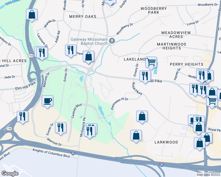 map of restaurants, bars, coffee shops, grocery stores, and more near 700 Airways Circle in Nashville