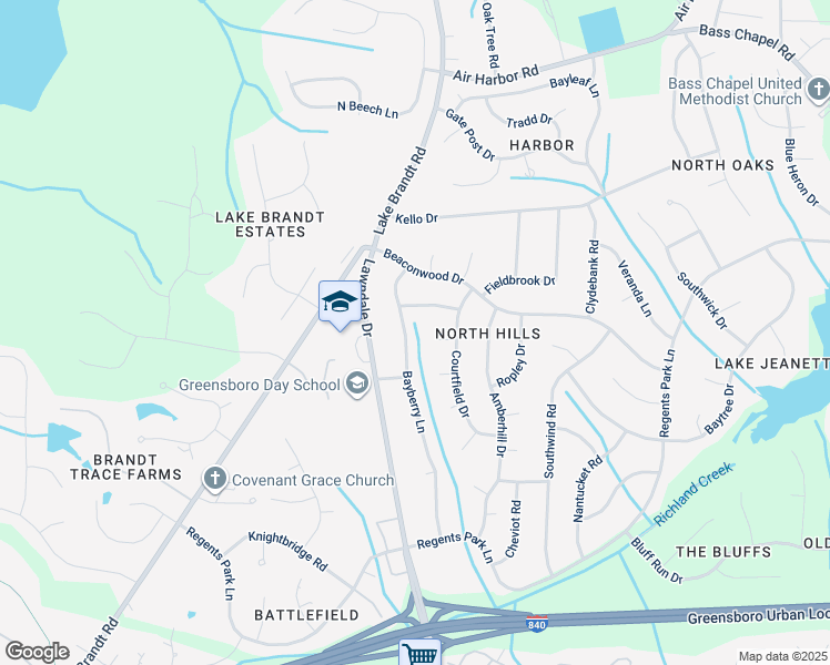 map of restaurants, bars, coffee shops, grocery stores, and more near 5305 Bayberry Lane in Greensboro