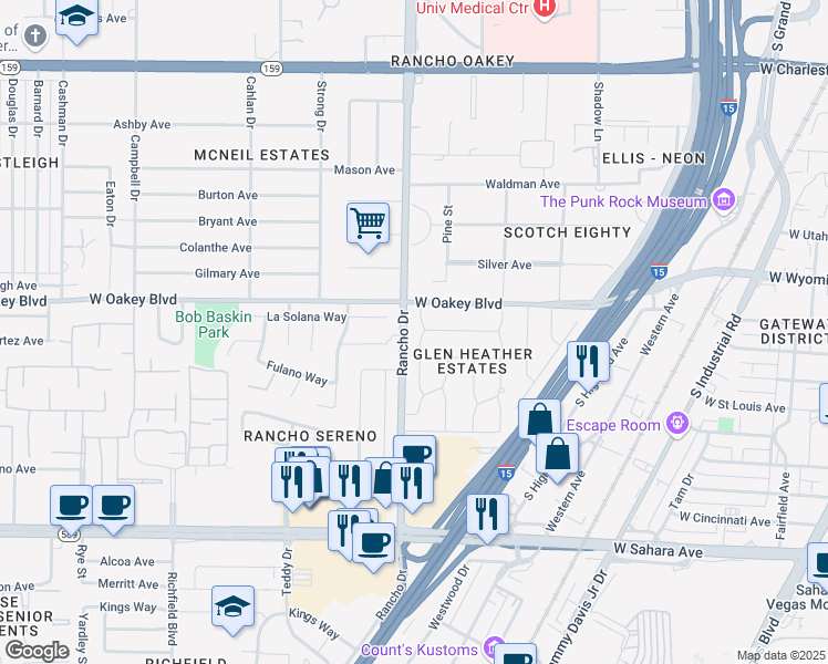 map of restaurants, bars, coffee shops, grocery stores, and more near 1413 Bryn Mawr Avenue in Las Vegas