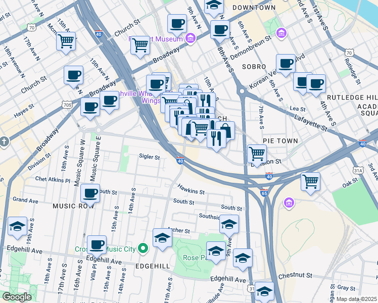map of restaurants, bars, coffee shops, grocery stores, and more near 700 12th Avenue South in Nashville
