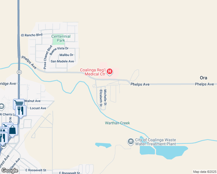 map of restaurants, bars, coffee shops, grocery stores, and more near 1536 Meadow Street in Coalinga