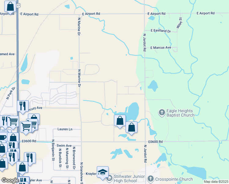 map of restaurants, bars, coffee shops, grocery stores, and more near 2814 North Running Bear Street in Stillwater
