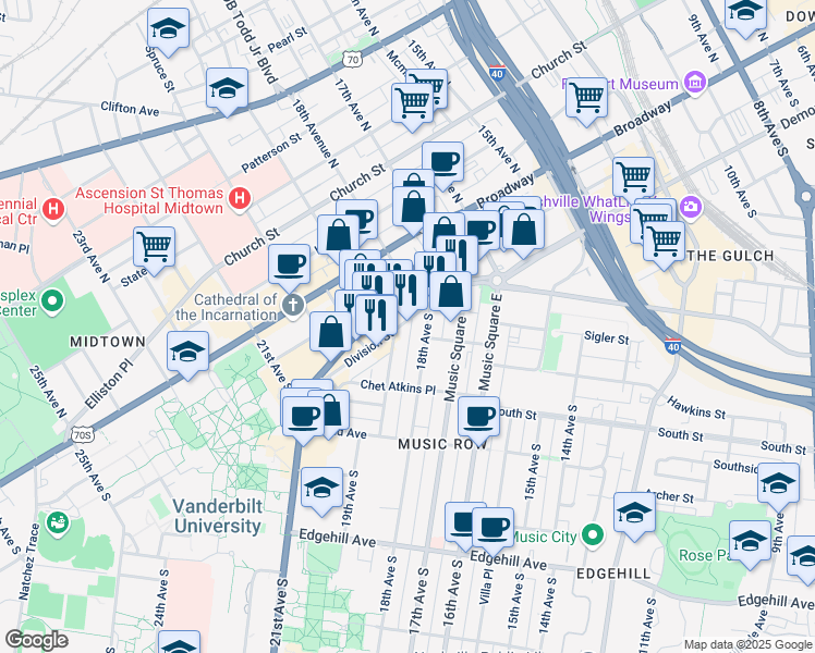 map of restaurants, bars, coffee shops, grocery stores, and more near 1811 Division Street in Nashville