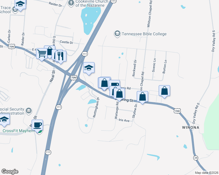 map of restaurants, bars, coffee shops, grocery stores, and more near 1546 East Spring Street in Cookeville