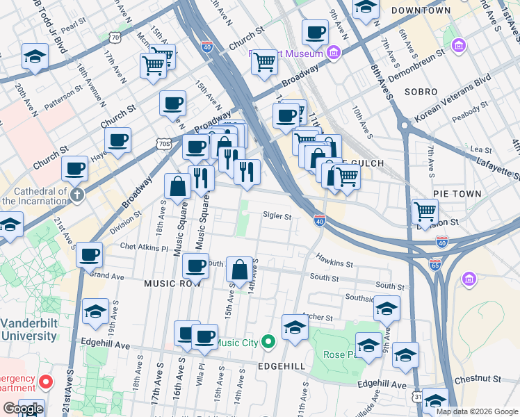 map of restaurants, bars, coffee shops, grocery stores, and more near 1401B Sigler Street in Nashville