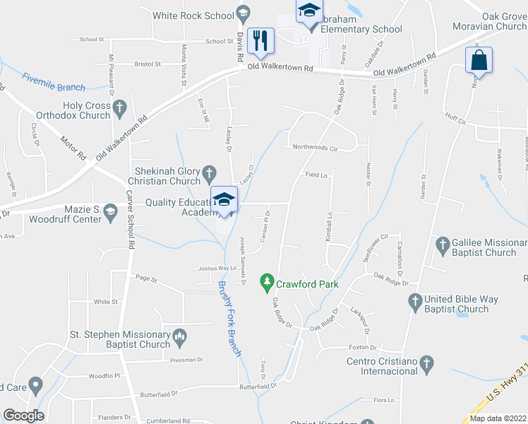 map of restaurants, bars, coffee shops, grocery stores, and more near 4484 Canaan Place Drive in Winston-Salem