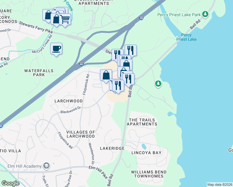map of restaurants, bars, coffee shops, grocery stores, and more near 3636 Bell Road in Nashville
