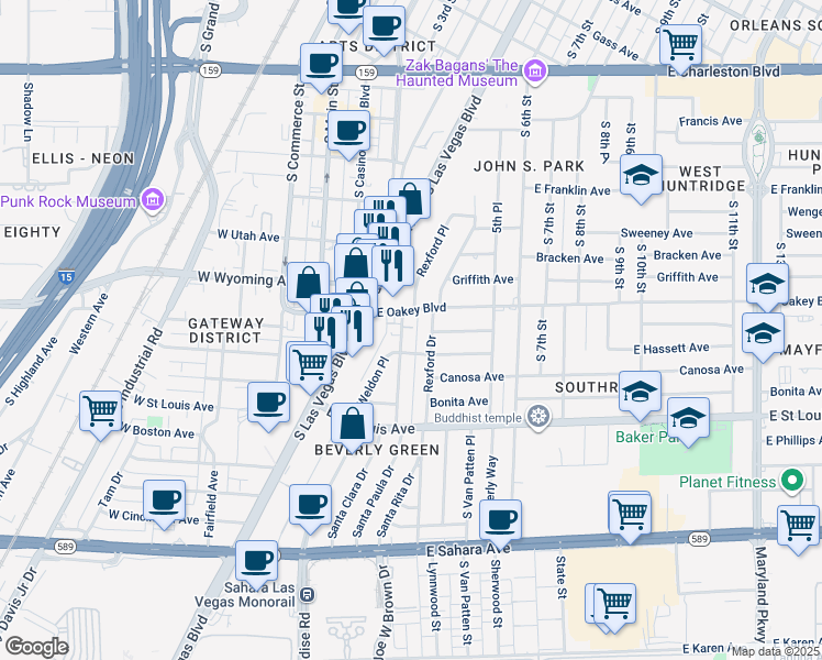 map of restaurants, bars, coffee shops, grocery stores, and more near 1711 Santa Paula Drive in Las Vegas