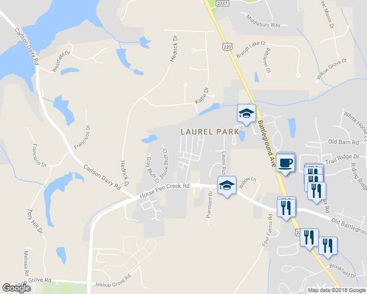 map of restaurants, bars, coffee shops, grocery stores, and more near 4603 Adonica Lane in Greensboro