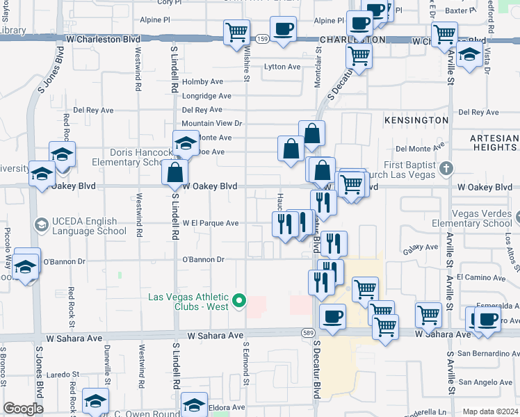 map of restaurants, bars, coffee shops, grocery stores, and more near 1800 South Edmond Street in Las Vegas