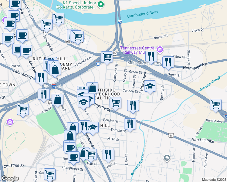 map of restaurants, bars, coffee shops, grocery stores, and more near 648 Claiborne Street in Nashville