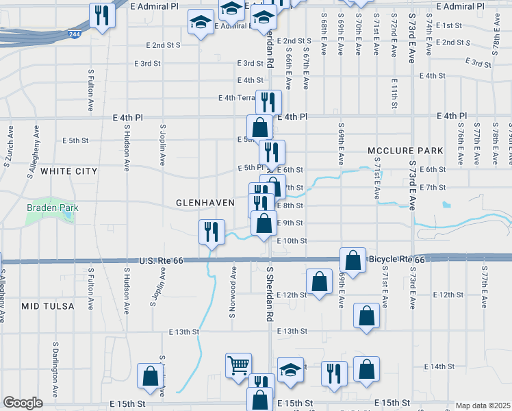 map of restaurants, bars, coffee shops, grocery stores, and more near 6335 E 9th St East Avenue in Tulsa
