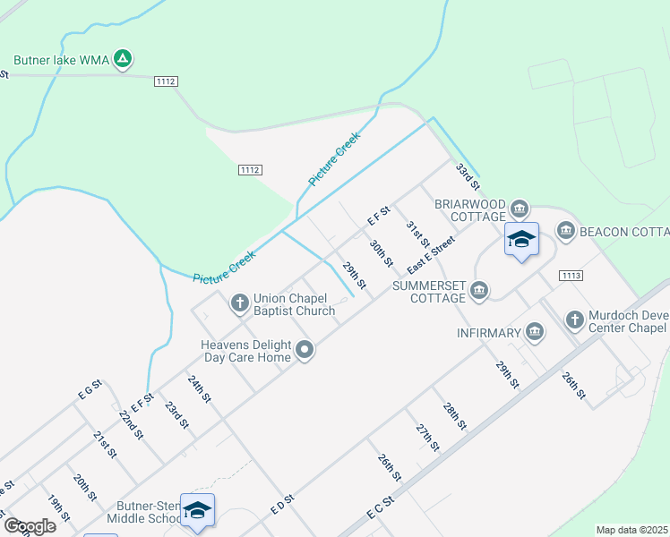 map of restaurants, bars, coffee shops, grocery stores, and more near 613 29th Street in Butner