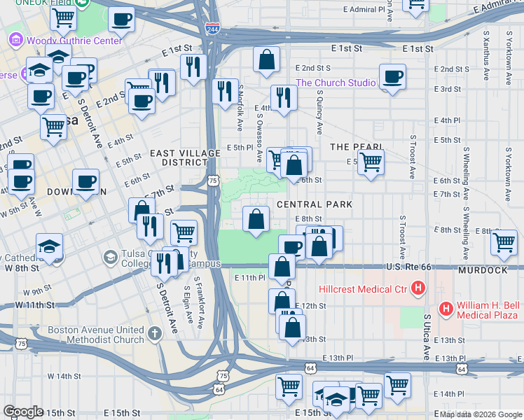 map of restaurants, bars, coffee shops, grocery stores, and more near 1120 East 8th Street in Tulsa