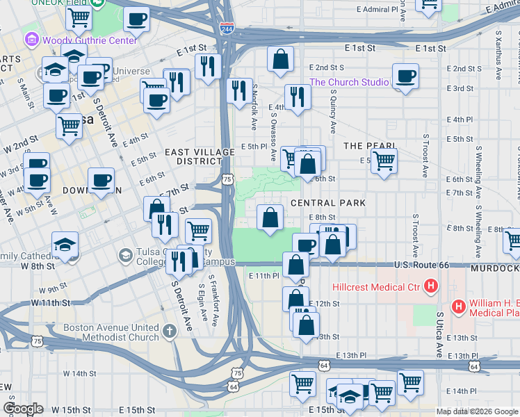 map of restaurants, bars, coffee shops, grocery stores, and more near 1120 East 8th Street in Tulsa