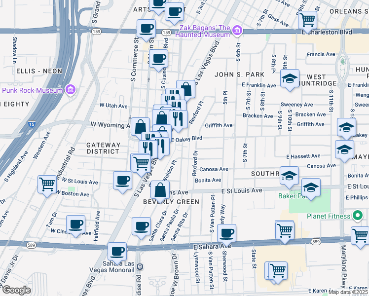 map of restaurants, bars, coffee shops, grocery stores, and more near 1711 Santa Paula Drive in Las Vegas
