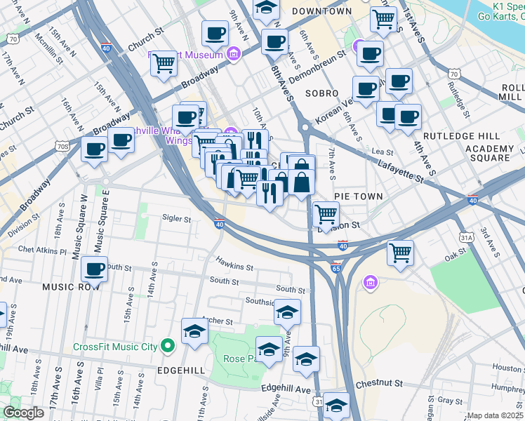 map of restaurants, bars, coffee shops, grocery stores, and more near 909 Division Street in Nashville
