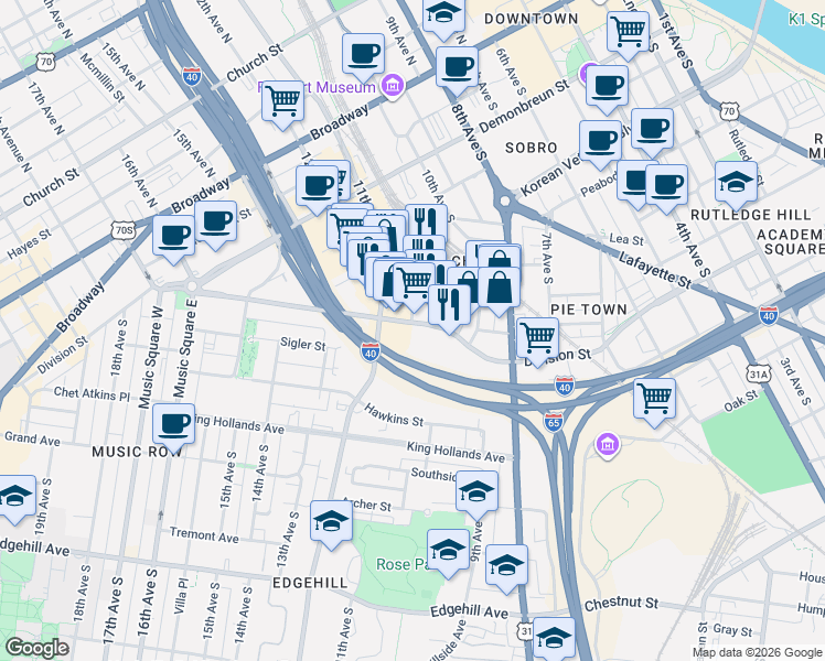 map of restaurants, bars, coffee shops, grocery stores, and more near 915 Division Street in Nashville