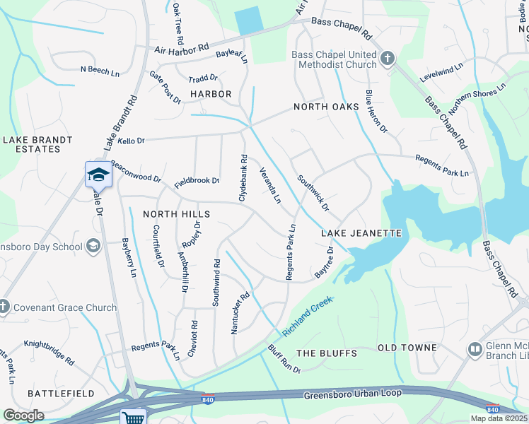 map of restaurants, bars, coffee shops, grocery stores, and more near 2411 Beaconwood Drive in Greensboro