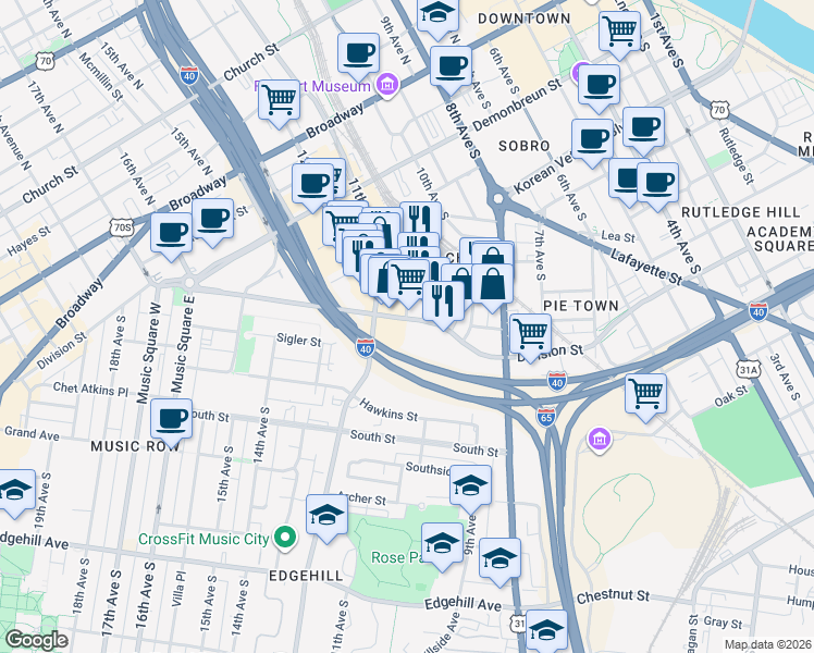 map of restaurants, bars, coffee shops, grocery stores, and more near 909 Division Street in Nashville